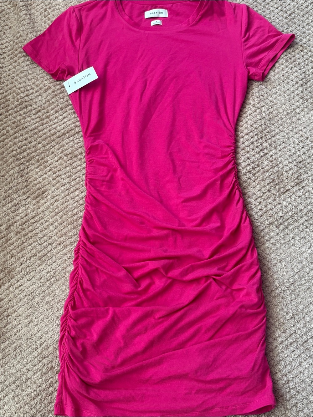 Aritzia Babaton Covet Ruched T-Shirt Dress Granita Pink Size Small NWT